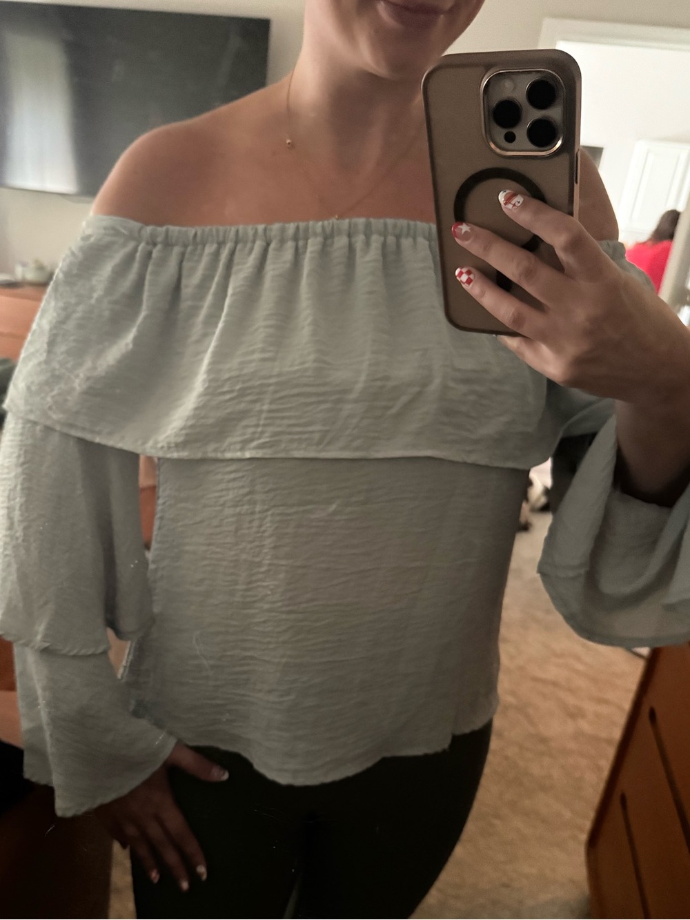 Off-Shoulder Ruffle Sleeve Top - Sage - Picture 5 of 5